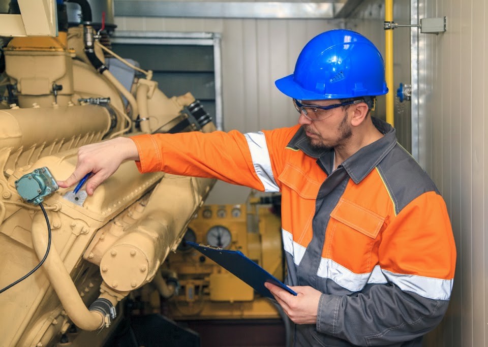Technician performing generator maintenance